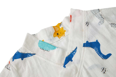 Baby Breathable Cotton Gauze Fabric Kimono Romper White w Dinosaurs - Little Kooma