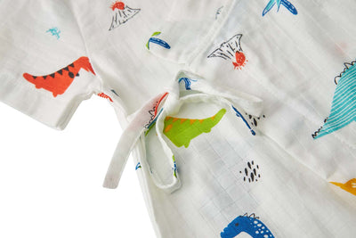 Baby Breathable Cotton Gauze Fabric Kimono Romper White w Dinosaurs - Little Kooma