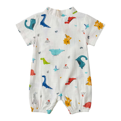 Baby Breathable Cotton Gauze Fabric Kimono Romper White w Dinosaurs - Little Kooma
