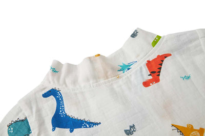Baby Breathable Cotton Gauze Fabric Kimono Romper White w Dinosaurs - Little Kooma