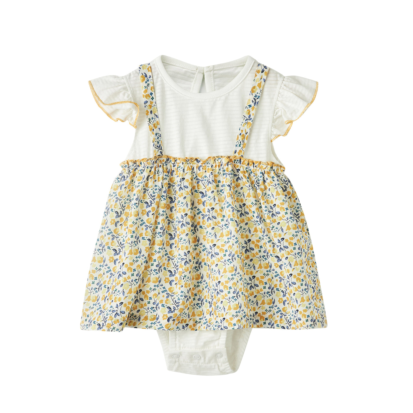 Baby Girl Yellow Floral Ruffled Sleeves Fake Two Pieces Overall Bodysuit Dress - 1118 - Little Kooma