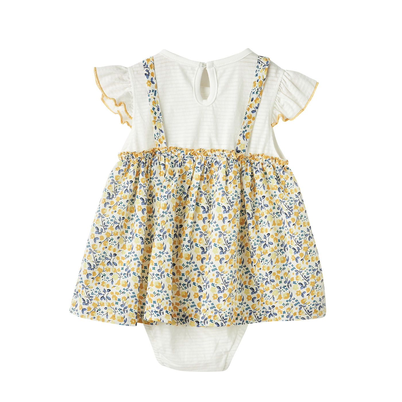 Baby Girl Yellow Floral Ruffled Sleeves Fake Two Pieces Overall Bodysuit Dress - 1118 - Little Kooma