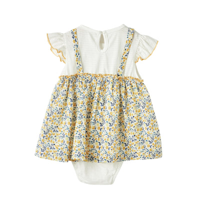 Baby Girl Yellow Floral Ruffled Sleeves Fake Two Pieces Overall Bodysuit Dress - 1118 - Little Kooma