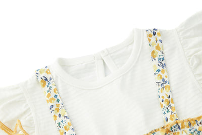 Baby Girl Yellow Floral Ruffled Sleeves Fake Two Pieces Overall Bodysuit Dress - 1118 - Little Kooma
