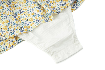Baby Girl Yellow Floral Ruffled Sleeves Fake Two Pieces Overall Bodysuit Dress - 1118 - Little Kooma