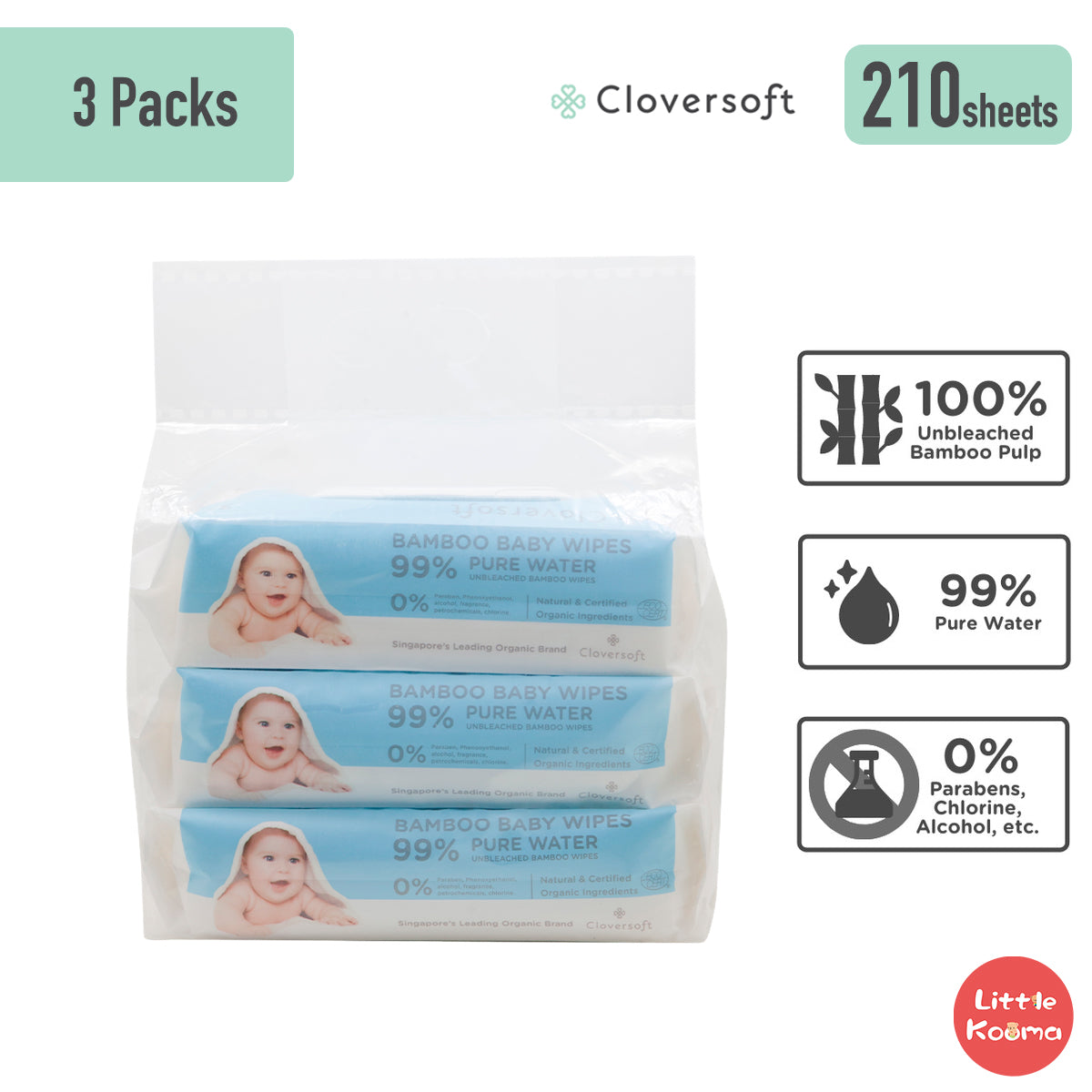 Cloversoft Organic Baby Wipes, Oral Safe, Unbleached Bamboo Pure Water, 70 sheets per pack - Little Kooma