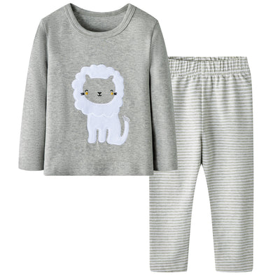 Baby Kids Pajamas White Lion Grey Top n Stripe Pants Set - Little Kooma