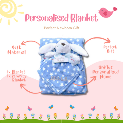 Personalised Customized Luvena Fortuna Plush Blanket n Security Blanket Set Blue Bunny S19629 - Little Kooma
