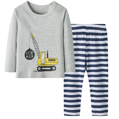 Baby Kids Pajamas Crane Grey Top n Stripe Pants Set - Little Kooma