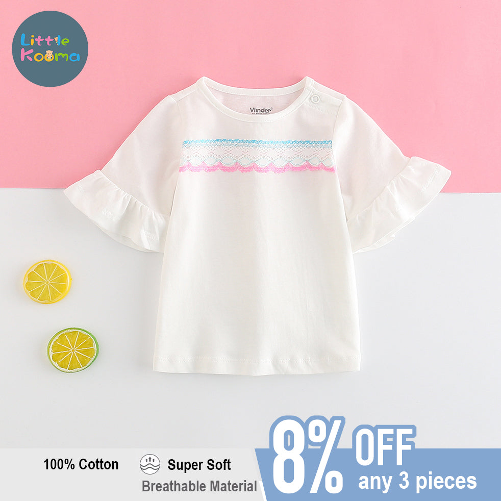 Baby Girl Ruffled Sleeves White Top w Blue n Pink Lace - Little Kooma