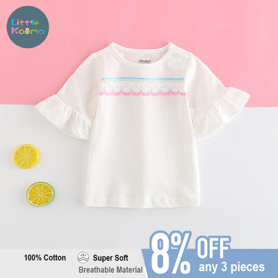Baby Girl Ruffled Sleeves White Top w Blue n Pink Lace - Little Kooma
