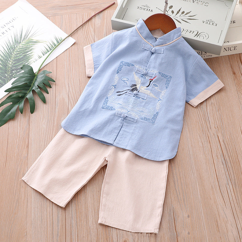 [KB08] Kids Boys Cheongsam Set Top n Shorts Embroidered Crane n Auspicious Clouds CNY Chinese New Year Outfit - Little Kooma
