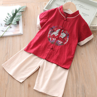 [KB06] Kids Boys Cheongsam Set Top n Shorts Embroidered Crane n Circle Auspicious Clouds CNY Chinese New Year Outfit - Little Kooma