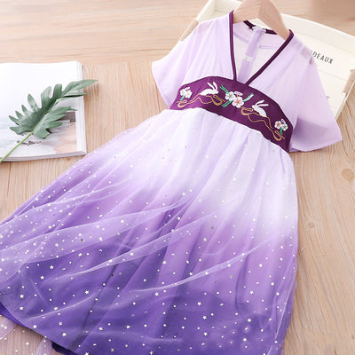 [KG12] Kids Girls Star All-over Voile Splicing Cheongsam Dress w Embroidered Bunnies CNY Chinese New Year Outfit - Little Kooma