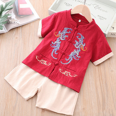 [KB03] Kids Boys Cheongsam Set Top n Shorts Blue Embroidered Dragons CNY Chinese New Year Outfit - Little Kooma