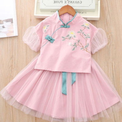[KG07] Kids Girls Voile Cheongsam Set Top n Skirt Embroidered Peony CNY Chinese New Year Outfit - Little Kooma