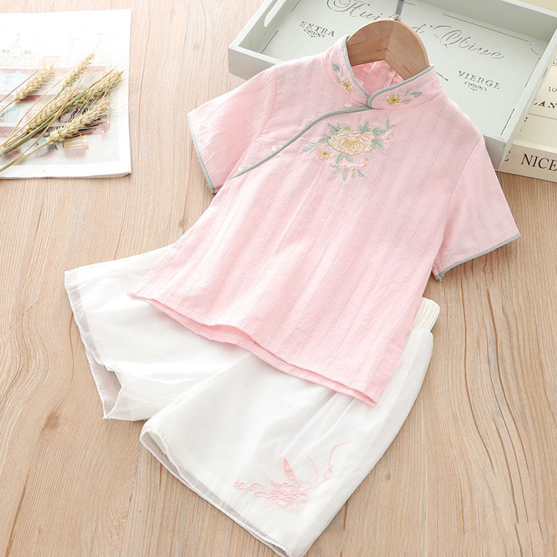 [KG16] Kids Girls Cheongsam 2 Piece Set Top n Voile Shorts CNY Chinese New Year Outfit - Little Kooma
