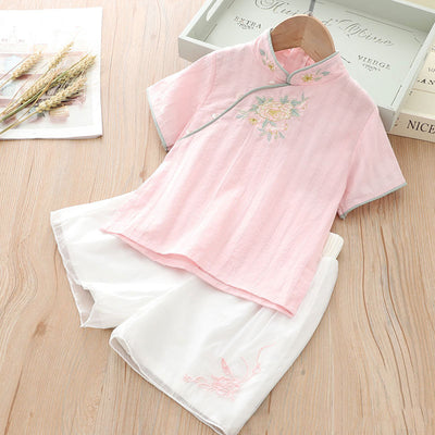 [KG16] Kids Girls Cheongsam 2 Piece Set Top n Voile Shorts CNY Chinese New Year Outfit - Little Kooma
