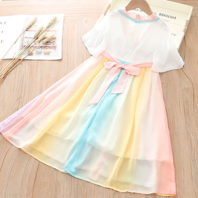 [KG14] Kids Girls Colorful Unicorn Voile Splicing Cheongsam Dress w Embroidered Flowers CNY Chinese New Year Outfit - Little Kooma