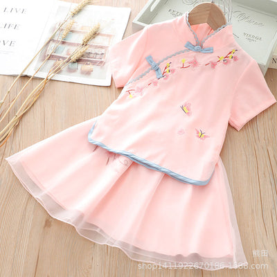 [KG06] Kids Girls Voile Cheongsam Set Top n Skirt Embroidered Flower n Butterfly CNY Chinese New Year Outfit - Little Kooma