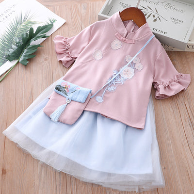 [KG21] Kids Girls Frill Sleeve Cheongsam 3 Piece Set Top n Voile Skirt n Sling Bag CNY Chinese New Year Outfit - Little Kooma