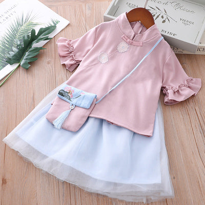 Kids Girls Frill Sleeve Cheongsam 3 Piece Set Top n Voile Skirt n Sling Bag CNY Chinese New Year Outfit - Little Kooma