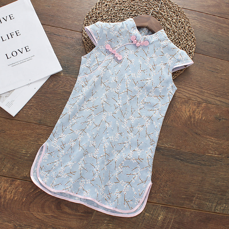 [KG09] Kids Girls White Cotton Flowers Cheongsam Dress Cap Sleeves CNY Chinese New Year Outfit - Little Kooma
