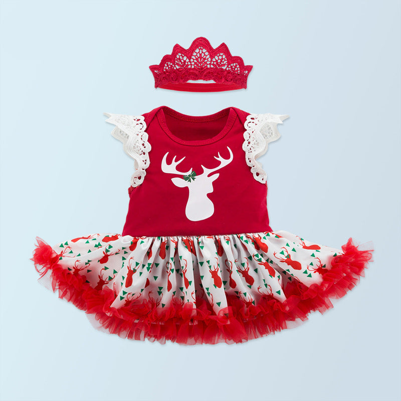 Baby Girl Reindeer Christmas Romper Dress w Headwrap - Little Kooma