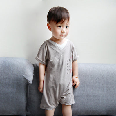 Baby Boy Cheongsam Romper Fake Two Piece Brown - Little Kooma