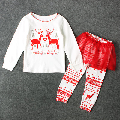 Girl's Christmas Outfit Long Sleeve White Top w Elks Merry & Bright n Voile Skirt Pants - 1125 - Little Kooma