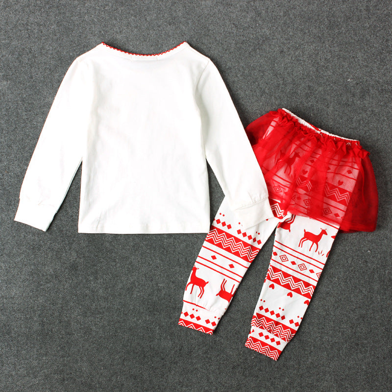 Girl's Christmas Outfit Long Sleeve White Top w Elks Merry & Bright n Voile Skirt Pants - 1125 - Little Kooma