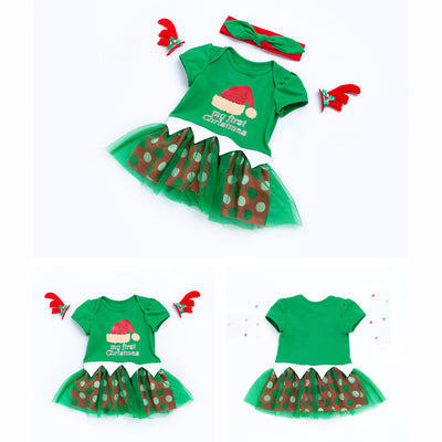 Baby Girl Green Christmas Romper Dress w Headwrap - Little Kooma