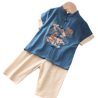 [KB07] Kids Boys Cheongsam Set Top n Shorts Embroidered Dragon n Auspicious Clouds CNY Chinese New Year Outfit - Little Kooma