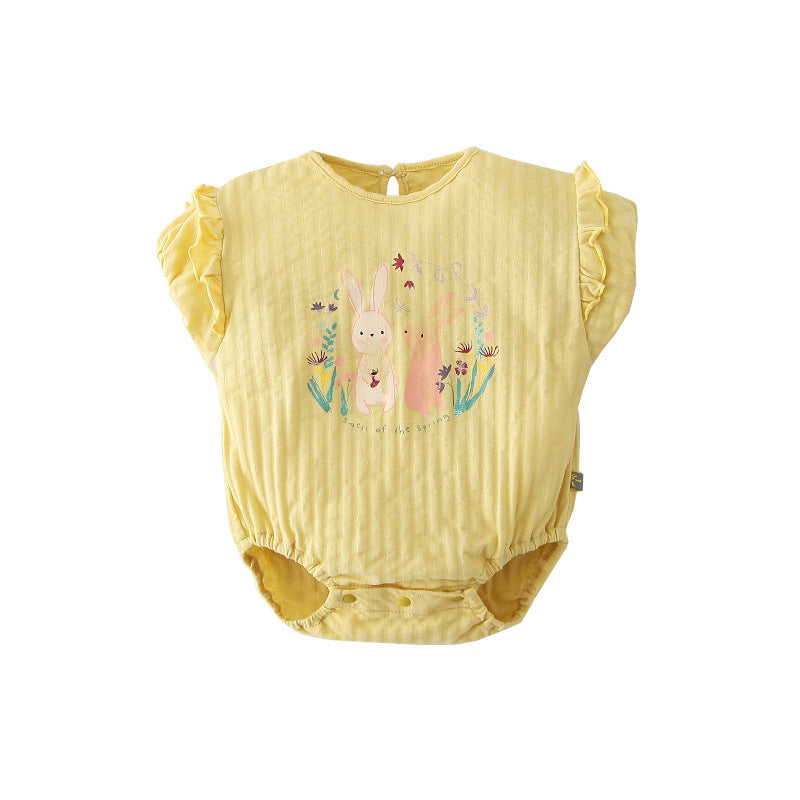 [ZBG11] Baby Girl Puff Sleeve Bodysuit w Printed Bunnies - Little Kooma