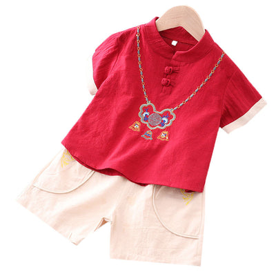[KB01] Kids Boys Cheongsam Set Top n Shorts Embroidered Ruyi Lock CNY Chinese New Year Outfit - Little Kooma
