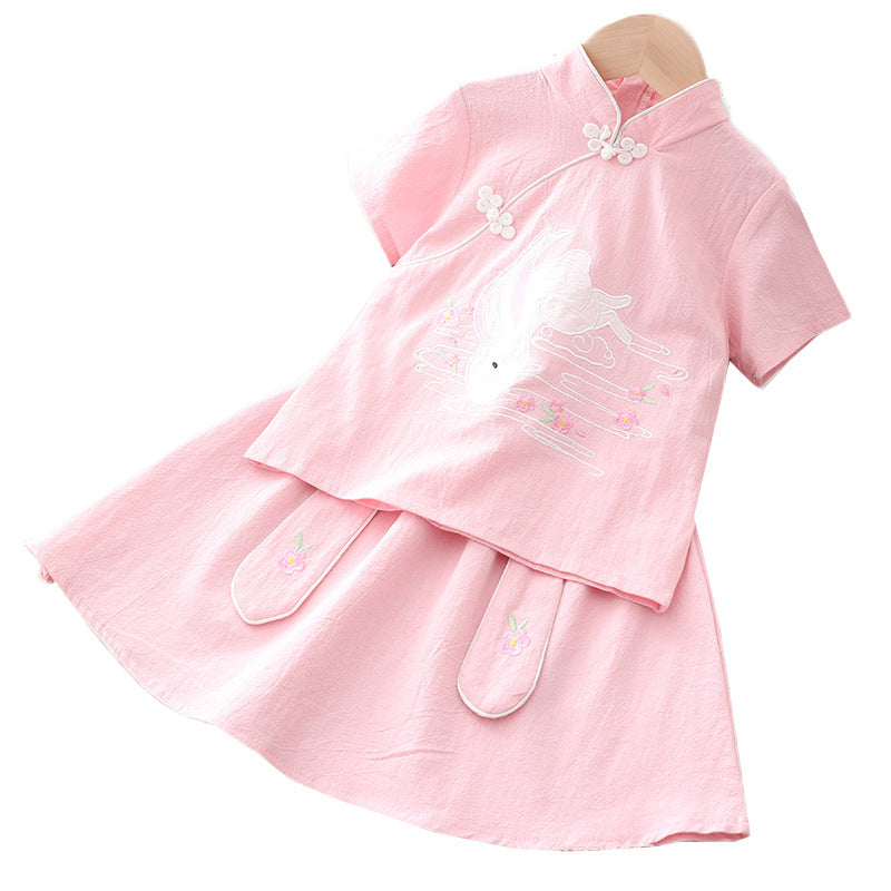 [KG08] Kids Girls Cheongsam Set Top n Skirt Embroidered Bunny CNY Chinese New Year Outfit - Little Kooma