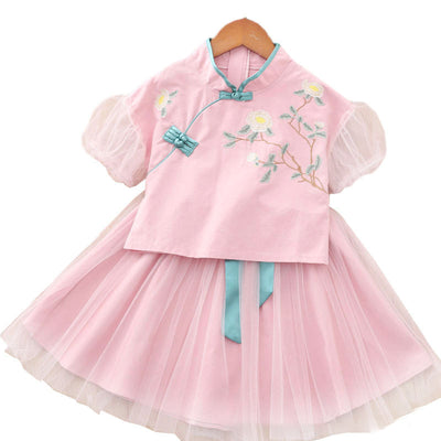 [KG07] Kids Girls Voile Cheongsam Set Top n Skirt Embroidered Peony CNY Chinese New Year Outfit - Little Kooma