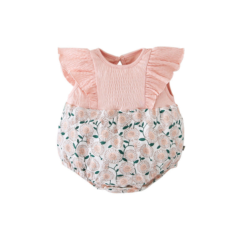 [ZBG13] Baby Girl Splicing Floral Bodysuit Ruffled Sleeves White Chrysanthemum - Little Kooma
