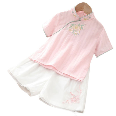 [KG16] Kids Girls Cheongsam 2 Piece Set Top n Voile Shorts CNY Chinese New Year Outfit - Little Kooma