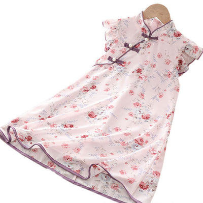[KG10] Kids Girls Voile Floral Cheongsam Dress Ruffled Sleeves CNY Chinese New Year Outfit - Little Kooma
