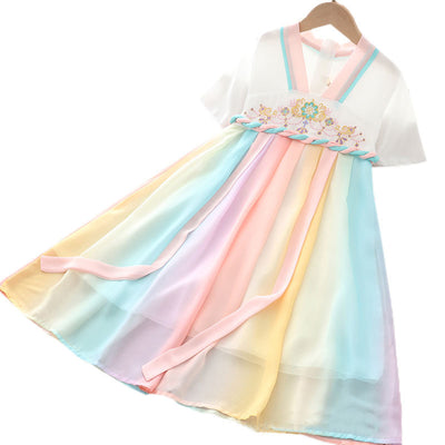 [KG14] Kids Girls Colorful Unicorn Voile Splicing Cheongsam Dress w Embroidered Flowers CNY Chinese New Year Outfit - Little Kooma