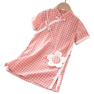 [KG01] Kids Girls Lace Trim Plaid Cheongsam Dress n Sling Bag CNY Chinese New Year Outfit - Little Kooma