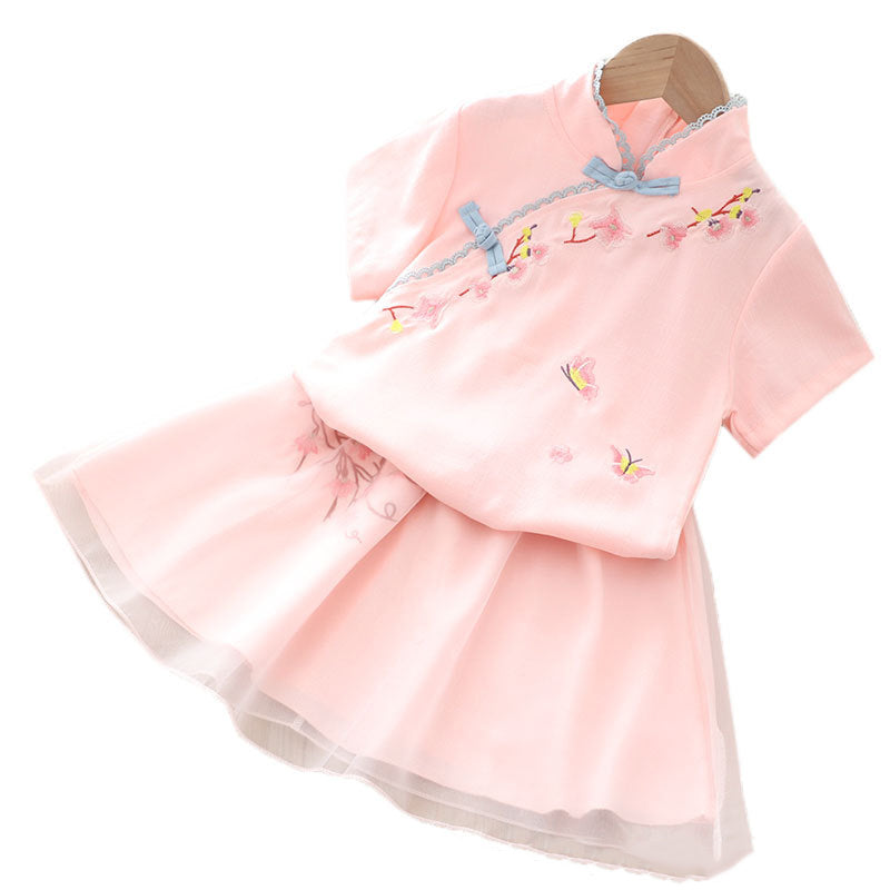 [KG06] Kids Girls Voile Cheongsam Set Top n Skirt Embroidered Flower n Butterfly CNY Chinese New Year Outfit - Little Kooma