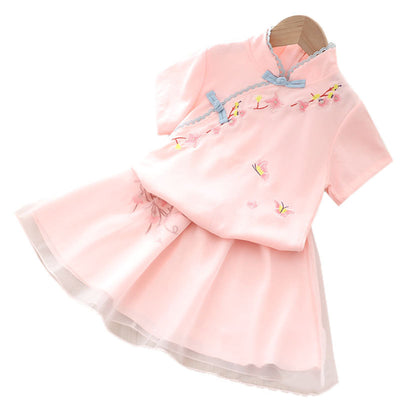 [KG06] Kids Girls Voile Cheongsam Set Top n Skirt Embroidered Flower n Butterfly CNY Chinese New Year Outfit - Little Kooma