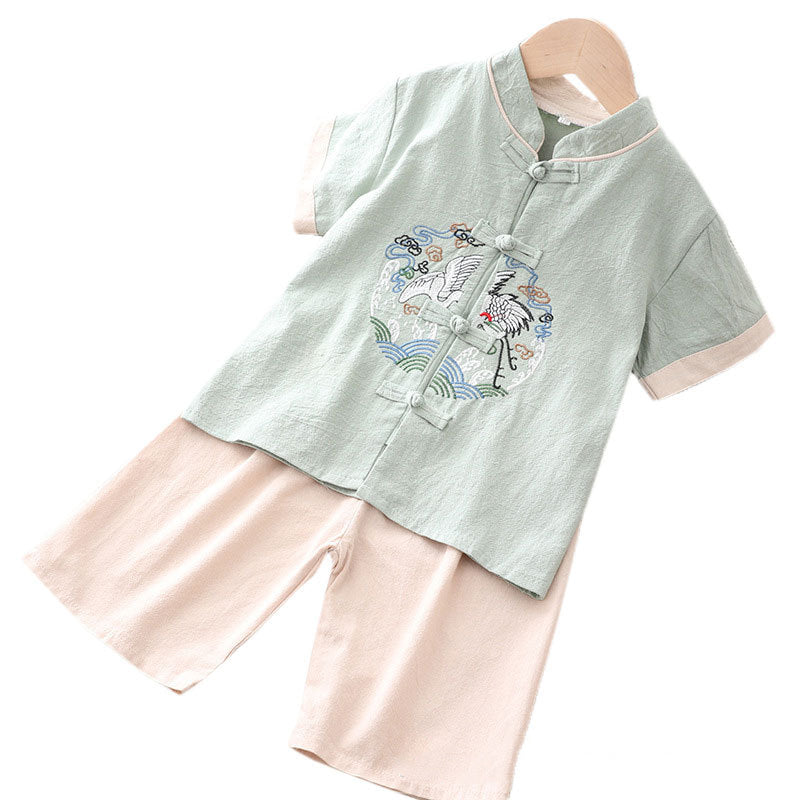 [KB06] Kids Boys Cheongsam Set Top n Shorts Embroidered Crane n Circle Auspicious Clouds CNY Chinese New Year Outfit - Little Kooma