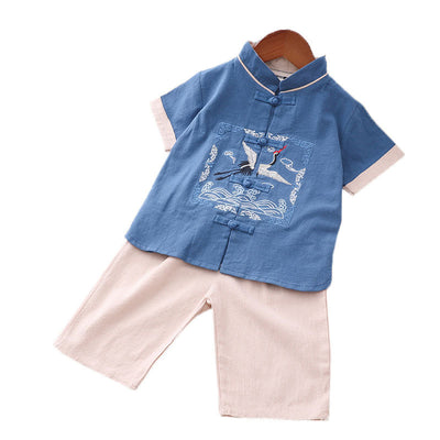 [KB08] Kids Boys Cheongsam Set Top n Shorts Embroidered Crane n Auspicious Clouds CNY Chinese New Year Outfit - Little Kooma