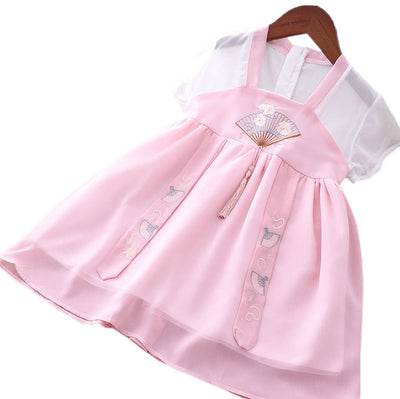 [KG19] Kids Girls Pink Fan Cheongsam Dress CNY Chinese New Year Outfit - Little Kooma