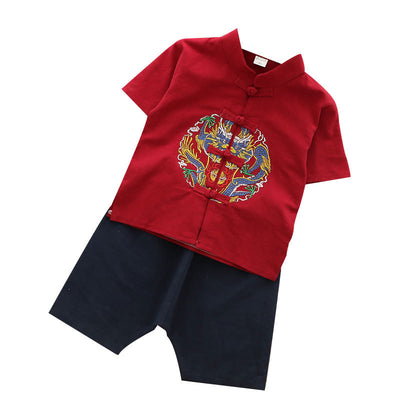 [KB09] Boys Cheongsam Set Embroidered Dragon Front Buttons CNY Chinese New Year Outfit - Little Kooma