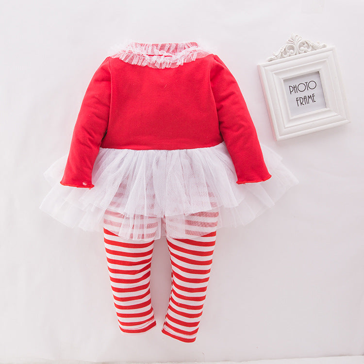 Girl's Christmas Outfit Long Sleeve Splicing Lace Voile Dress n Pants Two Piece Set - 1125 - Little Kooma