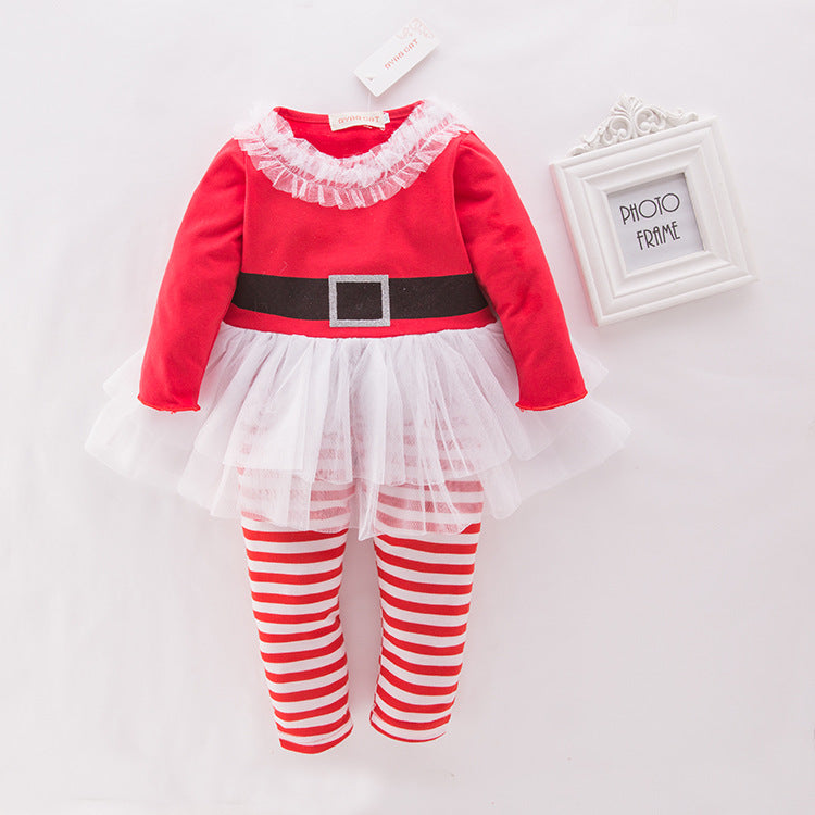 Girl's Christmas Outfit Long Sleeve Splicing Lace Voile Dress n Pants Two Piece Set - 1125 - Little Kooma